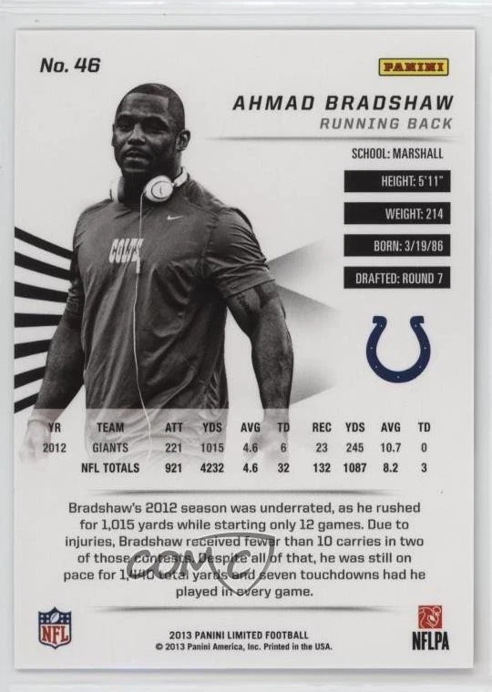 2013 Panini Limited /399 Ahmad Bradshaw #46 - Image 2 of 2