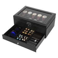12 Slots Watch Box PU Leather Watch Case Lockable Jewelry Storage Display Case