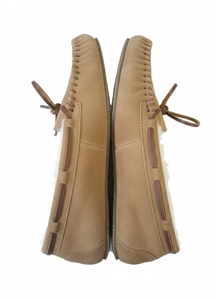 Minnetonka 棕褐色皮革莫卡辛拖鞋人造毛皮衬里女式 10 码 — 第 3/4 张图片