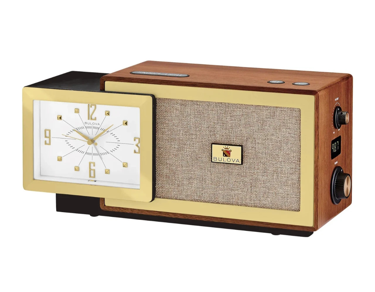 Bulova Retro Wooden Alarm Clock Radio FM Gold Analog Display Vintage Style B7800