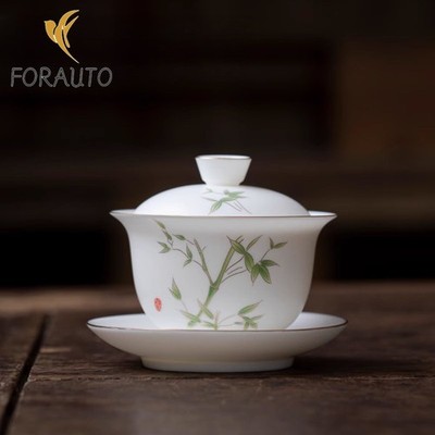 Rotation San Cai Gaiwan Tea Set 150ml 5.1oz Jade Brew Tea Teacup White Porcelain