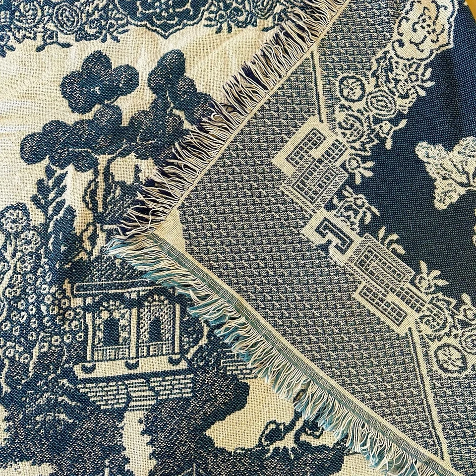 Manta Tejedores De Colección Azul Blanco Shabby Tapiz EE. UU. EXCELENTE Foto 2 de 4