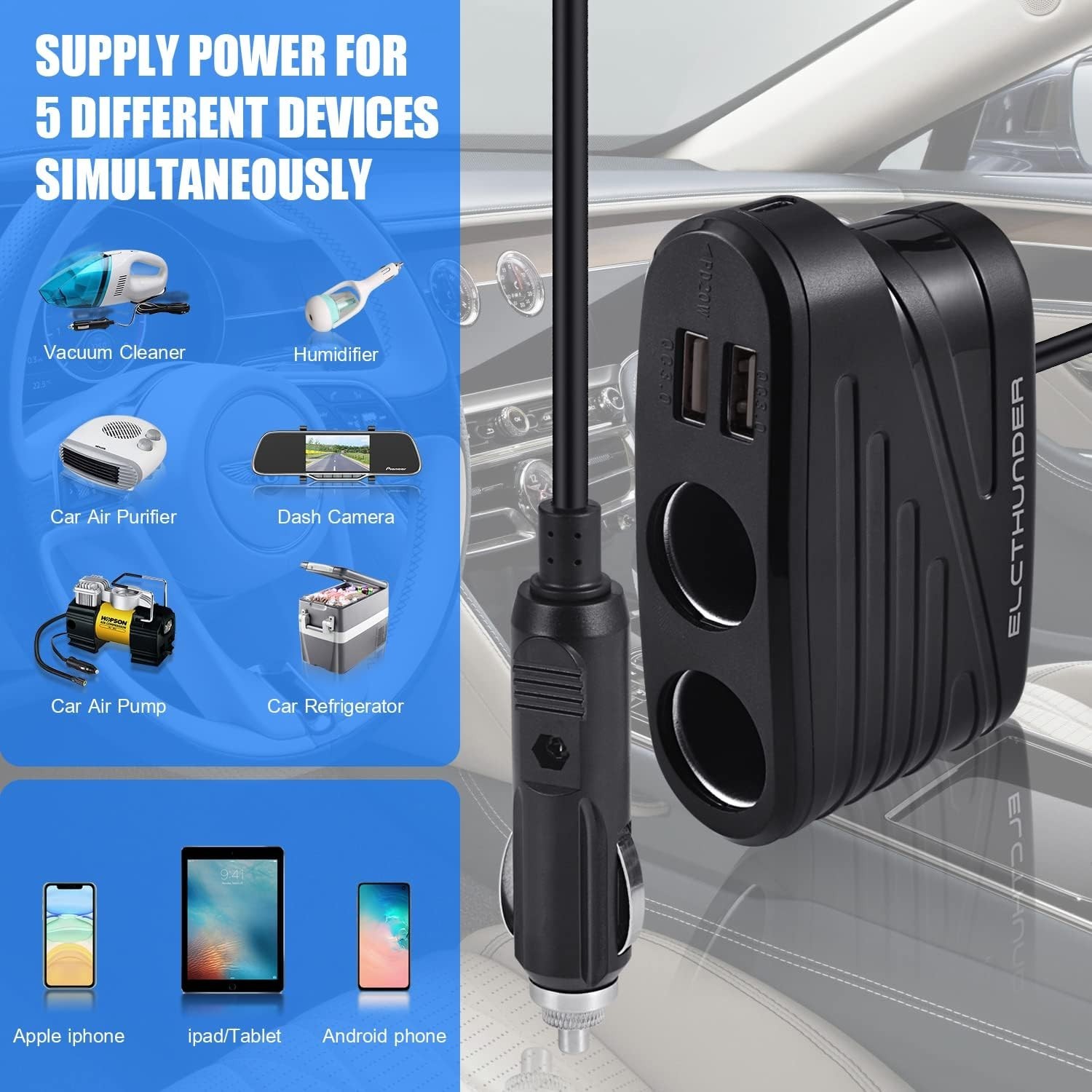 Quick Charge 3.0 Car Cigarette Lighter Splitter, 2 Sockets, 20W PD Type-C