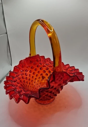 Fenton Vintage Art Glass orange Amberina Hobnail Colonial Basket with Handle