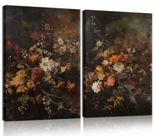 2pcs Vintage Dark Floral Canvas Wall Art Moody Autumn 16"L x 12"W Dark floral