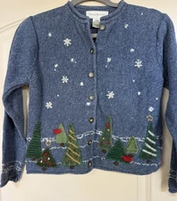 Vtg Embroidered bust 35  Susan Bristol Cardigan Applique Winter Scene Sweater 