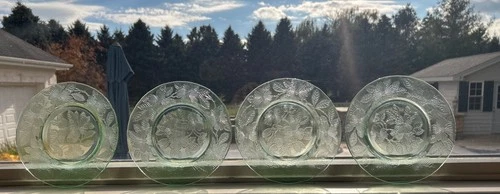 Set 4 Macbeth Evans Dogwood Green Luncheon Plates Set Uranium Glass Depression