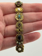 Vintage Unsigned Goldette Gold Tone Slide Victorian Revival Charm Bracelet READ