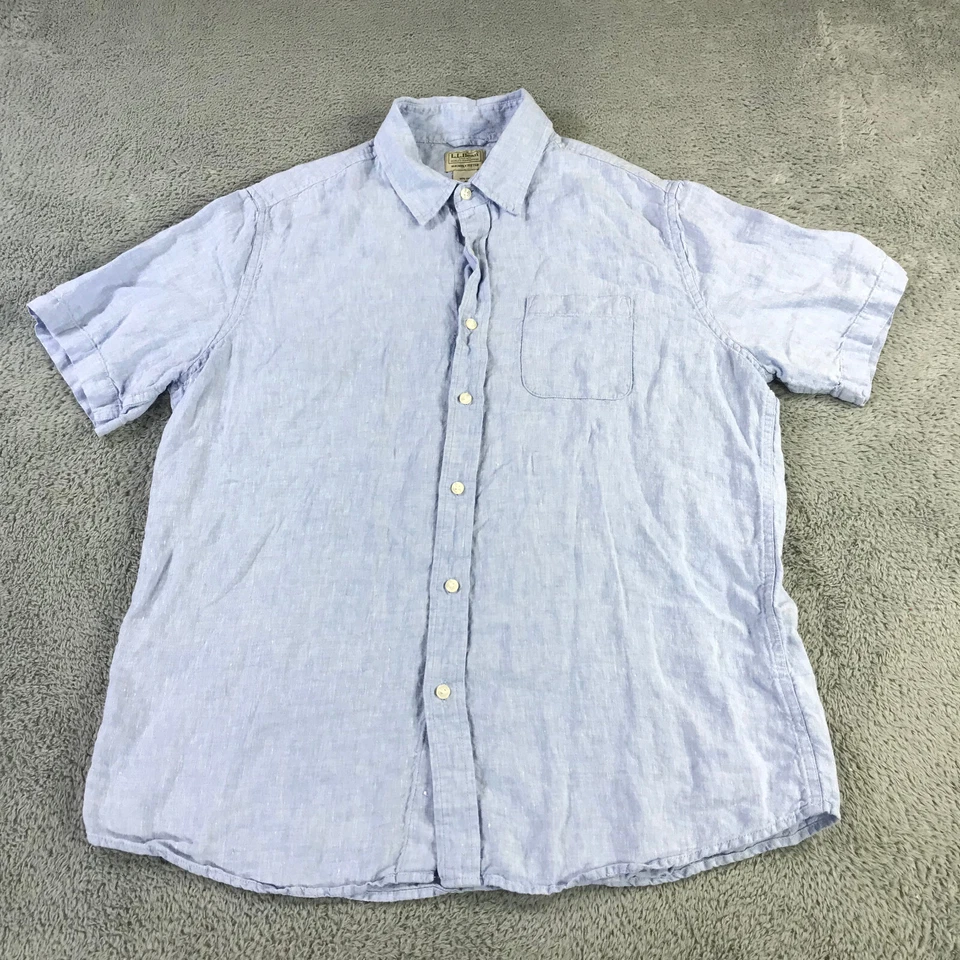LL Bean Shirt Mens Large Button Up Linen Slightly Fitted Blue Hawaiian Camp - Image 2 of 4