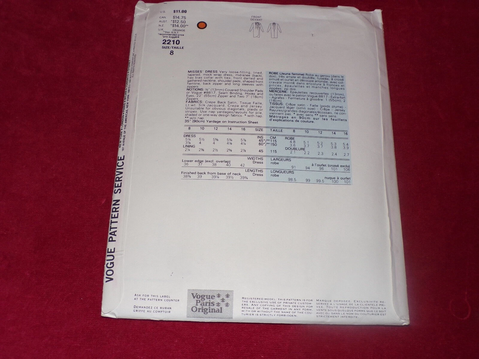 SAINT LAURENT (YSL) ? VOGUE PARIS ORIGINALE #2210 YVES SAINT LAURENT ABITO DONNA FANTASIA 8 FF