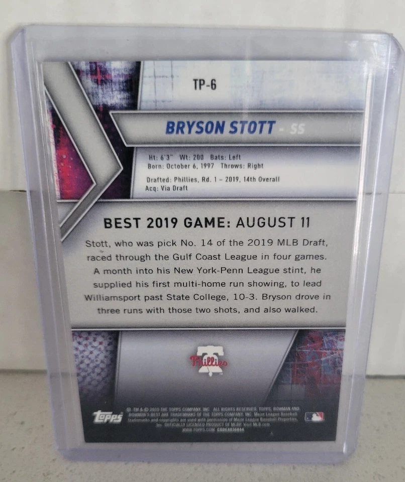 2019 Bowman's Best Top Prospects Purple Refractor /250 Bryson Stott #TP-6 - Image 2 of 2