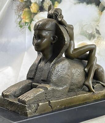 T. Herlinger (1904) Egyptian Sphinx w Nude Girl Art Deco Bronze Statue Sculpture