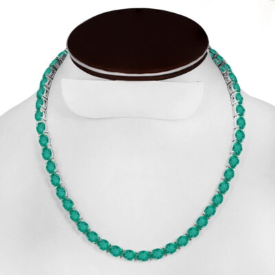 15Ct Oval Cut Lab-Created Emerald Set Women's Tennis Necklace in 925 Silver