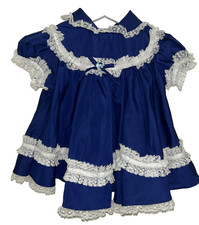 VTG 80s - Baby Girl - Navy Blue DRESS with LACE TRIM - Peter Pan Collar - 6-12 M