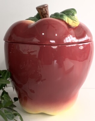 Vintage Ceramic Apple Cookie / Candy Jar, Red, Green & Yellow Sz Large Rare Find