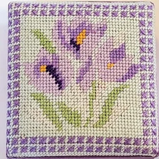 Jewelry Trinket Box Needlepoint Flowers Purple Lavender Tulips Crocuses Cottage 