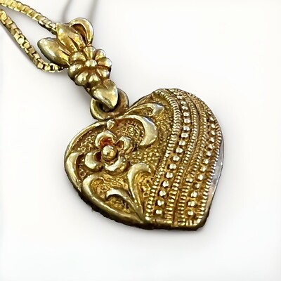 Vintage 925 Sterling Silver Floral Etched Heart Dangle Pendant