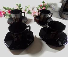 Arcoroc France Black & Marine Gold Art Deco Octime Octagonal Four Cups & Saucers