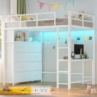 Twin Size Loft Bed with Desk and 8 Storage Drawers, Metal Kids Loft Bed Twin