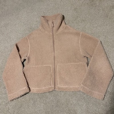 H&M Womens Cropped Sherpa Full ZIp Sweatshirt Jacket Pockets Pale Pink, Sz M