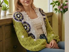 Boho Crochet Cardigan Handmade Granny Square Knit Floral Lace Sweater Coat