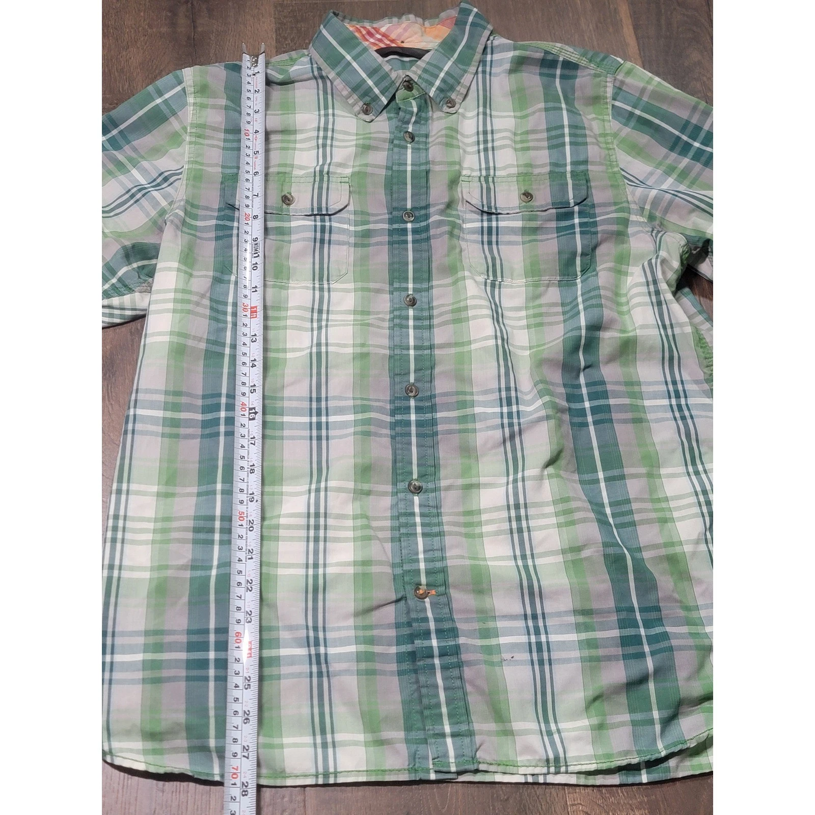 The North Face Mens Large Green Plaid Short Sleeve Button Down Shirt Hiking L/G