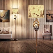 Rustic Farmhouse Antlers Floor Lamp Nightlight Brown Finish Round Shade