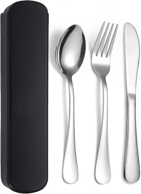 JIEYUCHU Campingbesteck Set Edelstahl 3-teilig mit Etui, Gabel Löffel Messer Reisebesteck