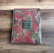 Ralph Lauren Birchmont Red Christmas Tablecloth Holly Pinecones 70 Round NEW
