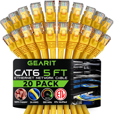 Cat 6 Ethernet Cable (20-Pack 5 Feet) Cat6 Network Patch, 10Gbps, RJ45, Snagless