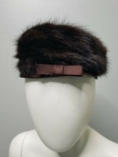 Vintage Brown Mink Fur and Satin Pillbox Union Made Hat 1950s