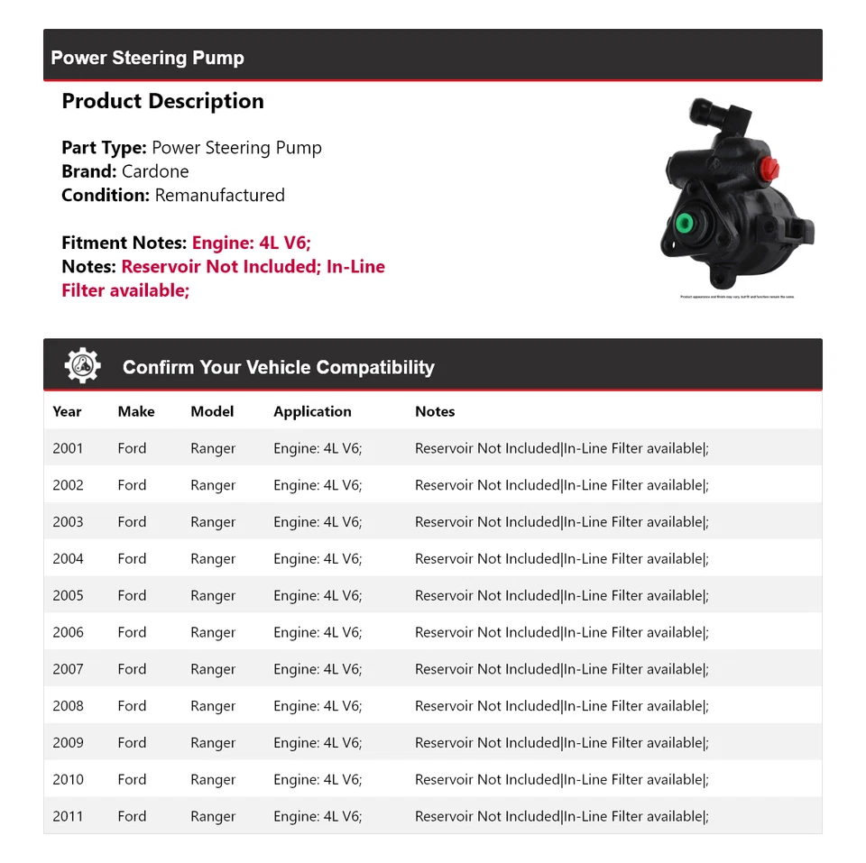 Bomba de dirección asistida Cardone para Ford Ranger 2001-2011 4L V6 2002 2003 2004 2005 Foto 2 de 4