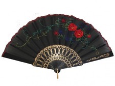 Black Chinese Folding Cloth Embroidery Hand Fan with Picture of Red Rose