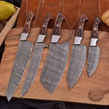 Damascus Steel Chef Knife Set Handmade – 5 Pc Full Tang Kitchen Knives Wood Hand