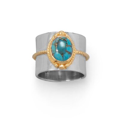 14k Gold Plated Two-tone 925 Silver Rope Edge Turquoise Women's Fashion Ring