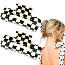 2 PCS Checkered Hair Claw Clips Square Checker Barrettes Cute Non Slip Hair J...