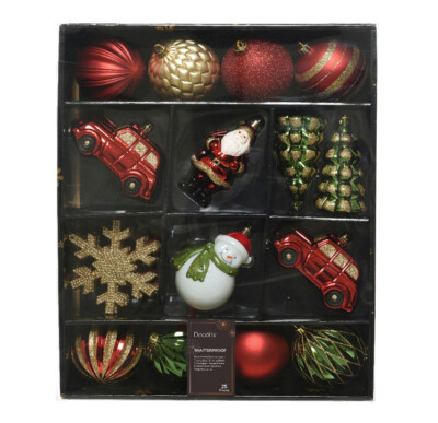 Weihnachtsschmuck Set 25 Teile Kugeln Auto Schneemann Gold Rot Grün Kunststoff