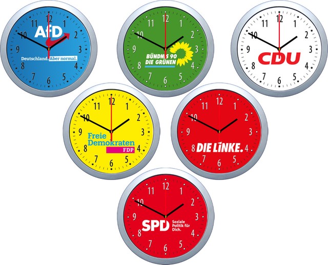 Política campaña electoral partidos reloj de pared o radio reloj para AFD CDU FDP SPD Izquierda Verde