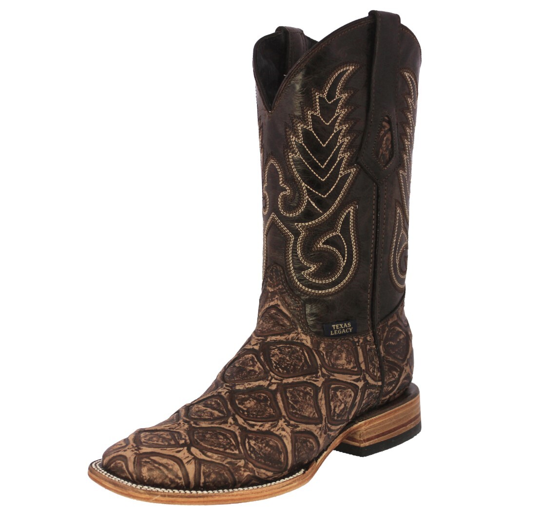 Mens Western Cowboy Boots Brown Pirarucu Pattern Leather Square