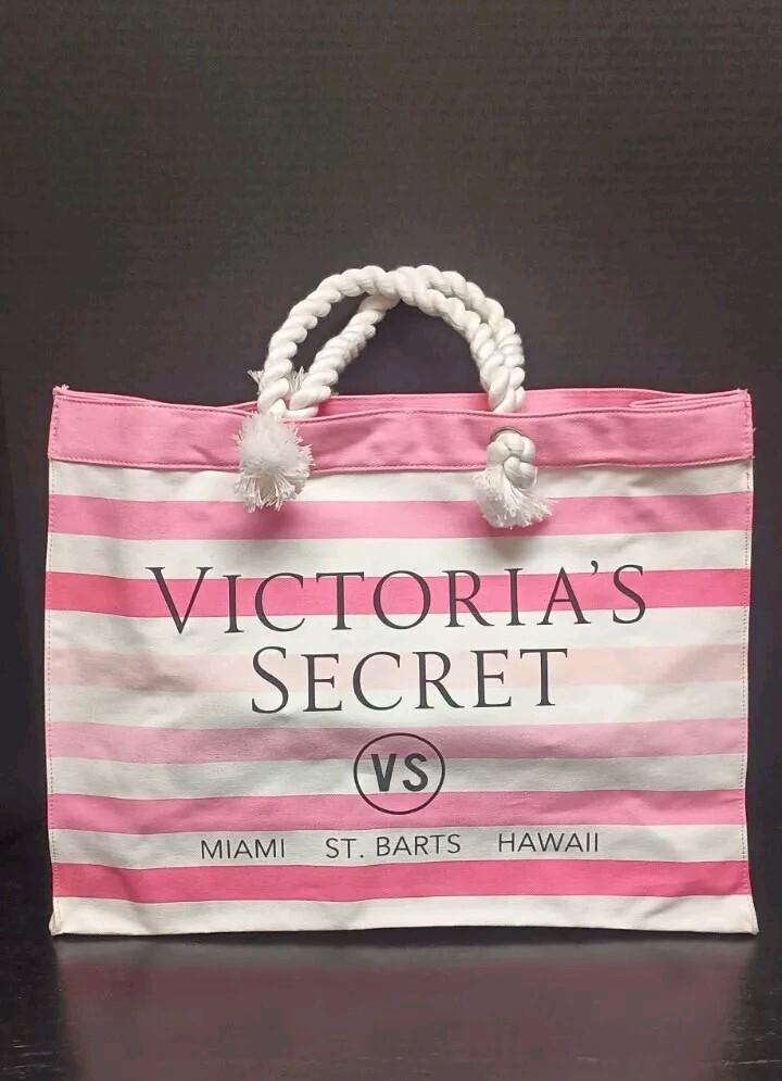Victoria Secret Miami St Barts Hawaii Pink Striped Canvas Beach Pool Tote Bag
