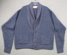 LL Bean Cardigan Sweater Men's Indigo Blue Organic Cotton Waffle Heavyweight Vtg