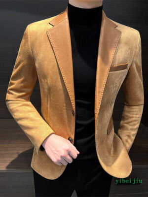 Suede Casual Suit Blazer Jacket Men's Leather Business Two Button
