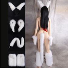Fetish White Furry Role Play Costume Head Piece, Pet Paw ,Leg Piece,Fox Tail Set