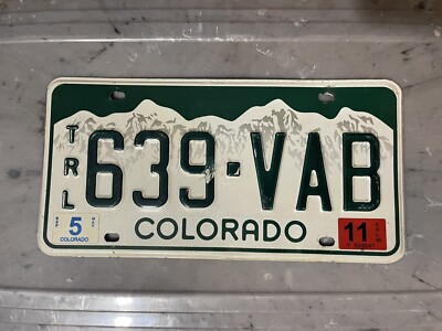 COLORADO LICENSE PLATE MOUNTAINS GREEN 639 VAB MAY 2011 TRAILER