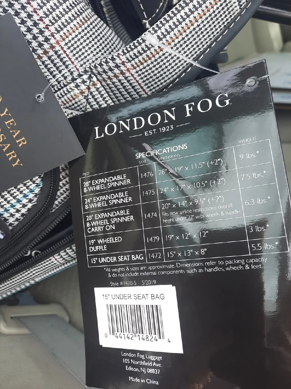 LONDON FOG SHEFFIELD COLLECTION 15&rdquo; UNDER SEAT BLACK TRIM GLEN PLAID CARRY NWT