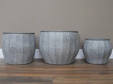 Set Of 3 Galvanised Metal Zinc Planters Large Round Dolly Tub Garden Drum Pots