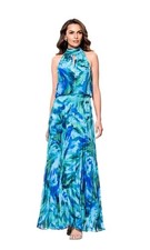 NWT Xscape Blue Green Watercolor Halter Pleated Maxi Gown Size 10P Petite $259