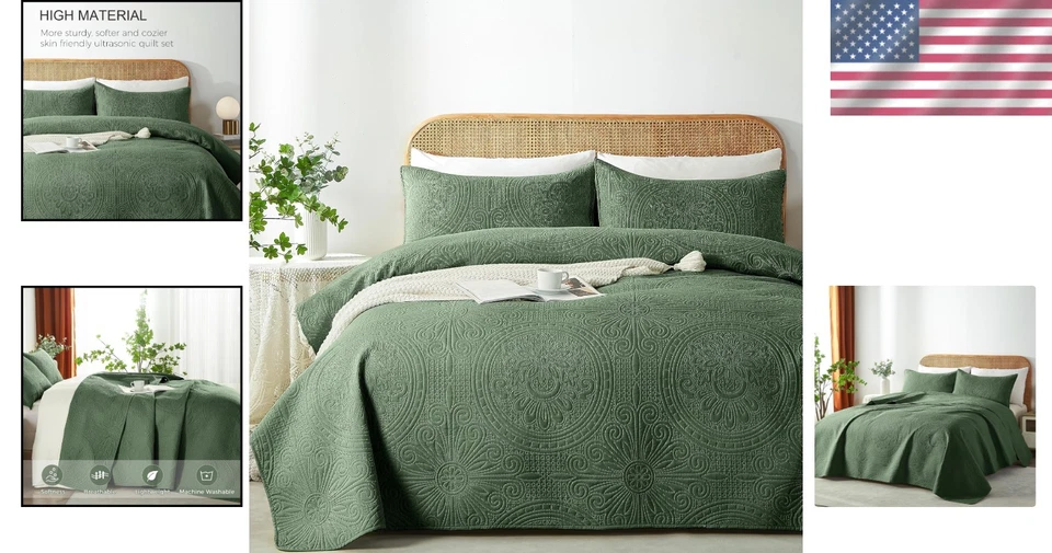 Elegant Lightweight Microfiber Quilt Set - King Size Olive Green for All Seasons - Image 2 of 4