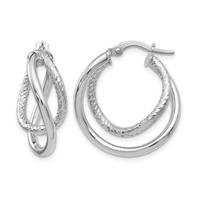 10K White Gold Polished and Textured Fancy Hoop Earrings Womens