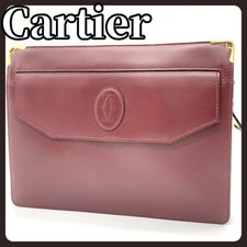 Auth Cartier Clutch Bag Womens Bordeaux Leather Gold-tone HW Vintage Authentic